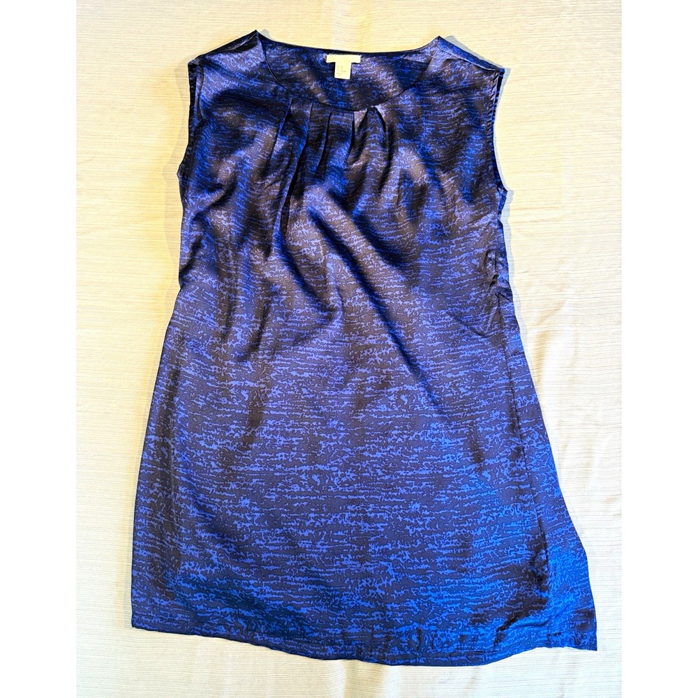 HM Blue Black Abstract Print Sleeveless Satin Pleated Shift Dress Womens Size 8